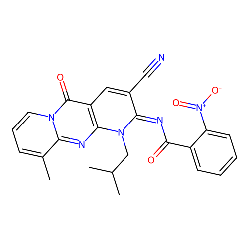 (E)-N-(3-cyano-1-isobutyl-10-methyl-5-oxo-1H-dipyrido[1,2-a:2',3'-d]pyrimidin-2(5H)-ylidene)-2-nitrobenzamide structure