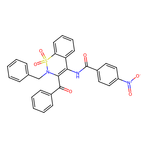 N-(3-benzoyl-2-benzyl-1,1-dioxido-2H-1,2-benzothiazin-4-yl)-4-nitrobenzamide structure