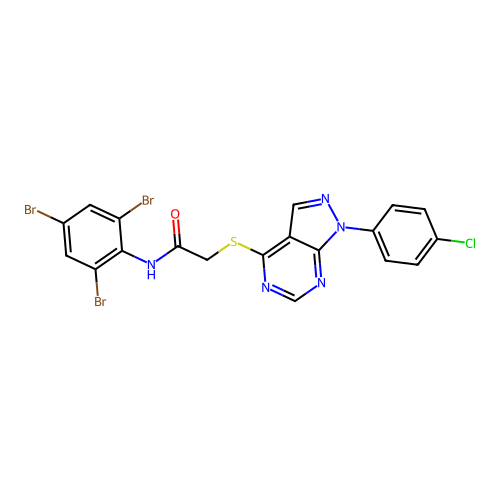2-((1-(4-chlorophenyl)-1H-pyrazolo[3,4-d]pyrimidin-4-yl)thio)-N-(2,4,6-tribromophenyl)acetamide structure