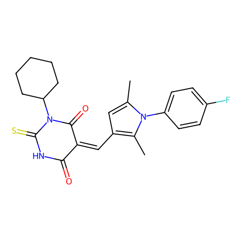 (5Z)-1-cyclohexyl-5-[[1-(4-fluorophenyl)-2,5-dimethylpyrrol-3-yl]methylidene]-2-sulfanylidene-1,3-diazinane-4,6-dione structure