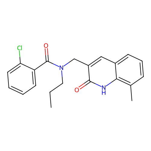 2-chloro-N-[(8-methyl-2-oxo-1H-quinolin-3-yl)methyl]-N-propylbenzamide structure