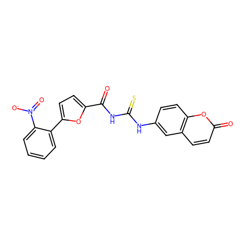 5-(2-nitrophenyl)-N-((2-oxo-2H-chromen-6-yl)carbamothioyl)furan-2-carboxamide structure