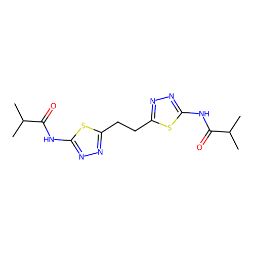 N,N'-(ethane-1,2-diyldi-1,3,4-thiadiazol-2-yl-5-ylidene)bis(2-methylpropanamide) structure