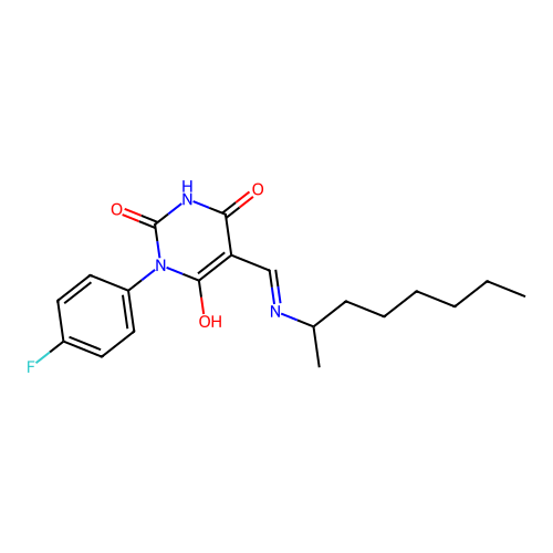 (Z)-1-(4-fluorophenyl)-5-((octan-2-ylamino)methylene)pyrimidine-2,4,6(1H,3H,5H)-trione structure
