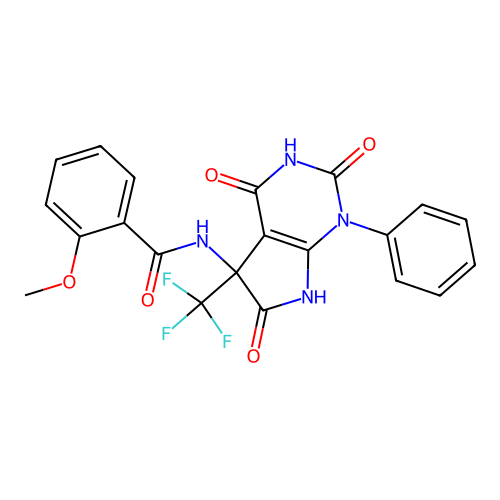 2-methoxy-N-(2,4,6-trioxo-1-phenyl-5-(trifluoromethyl)-2,3,4,5,6,7-hexahydro-1H-pyrrolo[2,3-d]pyrimidin-5-yl)benzamide structure