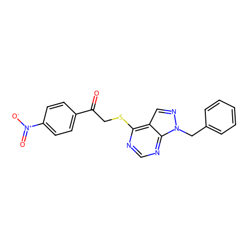 2-((1-benzyl-1H-pyrazolo[3,4-d]pyrimidin-4-yl)thio)-1-(4-nitrophenyl)ethanone structure