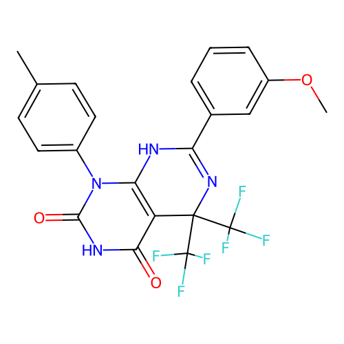 4-hydroxy-7-(3-methoxyphenyl)-1-(4-methylphenyl)-5,5-bis(trifluoromethyl)-5,8-dihydropyrimido[4,5-d]pyrimidin-2(1H)-one structure