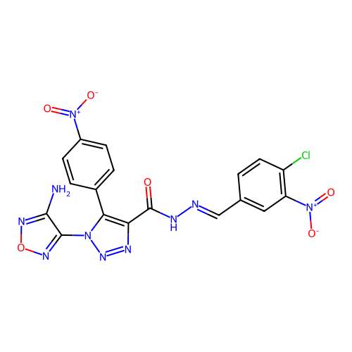 (E)-1-(4-amino-1,2,5-oxadiazol-3-yl)-N'-(4-chloro-3-nitrobenzylidene)-5-(4-nitrophenyl)-1H-1,2,3-triazole-4-carbohydrazide structure