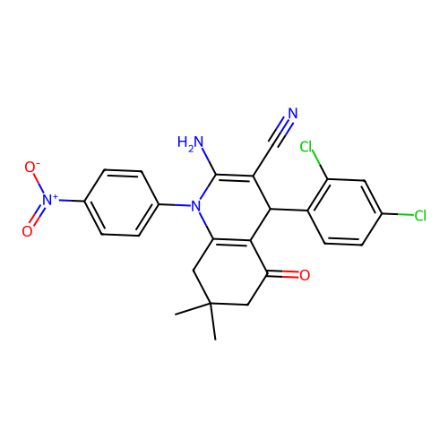 2-amino-4-(2,4-dichlorophenyl)-7,7-dimethyl-1-(4-nitrophenyl)-5-oxo-1,4,5,6,7,8-hexahydroquinoline-3-carbonitrile structure