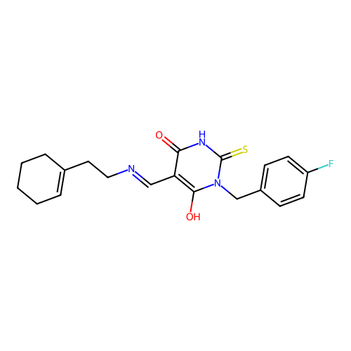 (5E)-5-({[2-(cyclohex-1-en-1-yl)ethyl]amino}methylidene)-1-(4-fluorobenzyl)-2-sulfanylpyrimidine-4,6(1H,5H)-dione structure