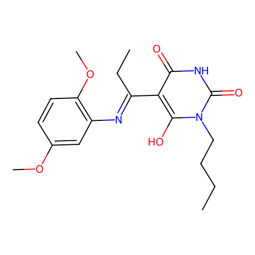 (5E)-1-butyl-5-[1-(2,5-dimethoxyanilino)propylidene]-1,3-diazinane-2,4,6-trione structure
