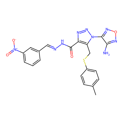 (E)-1-(4-amino-1,2,5-oxadiazol-3-yl)-N'-(3-nitrobenzylidene)-5-((p-tolylthio)methyl)-1H-1,2,3-triazole-4-carbohydrazide structure