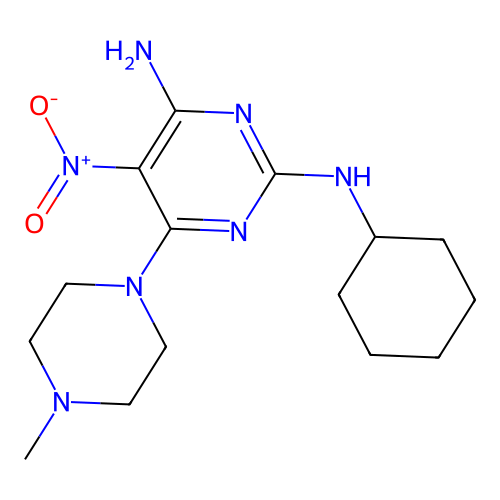N~2~-cyclohexyl-6-(4-methylpiperazin-1-yl)-5-nitropyrimidine-2,4-diamine structure