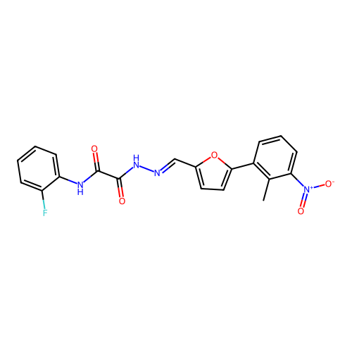N-(2-fluorophenyl)-N'-[(E)-[5-(2-methyl-3-nitrophenyl)furan-2-yl]methylideneamino]oxamide structure