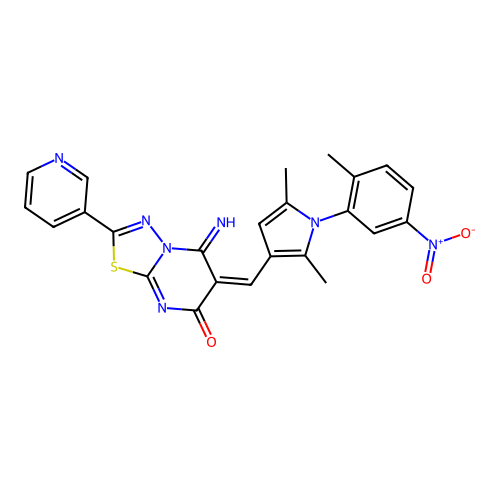 (E)-6-((2,5-dimethyl-1-(2-methyl-5-nitrophenyl)-1H-pyrrol-3-yl)methylene)-5-imino-2-(pyridin-3-yl)-5H-[1,3,4]thiadiazolo[3,2-a]pyrimidin-7(6H)-one structure