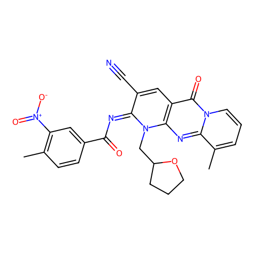 (E)-N-(3-cyano-10-methyl-5-oxo-1-((tetrahydrofuran-2-yl)methyl)-1H-dipyrido[1,2-a:2',3'-d]pyrimidin-2(5H)-ylidene)-4-methyl-3-nitrobenzamide structure