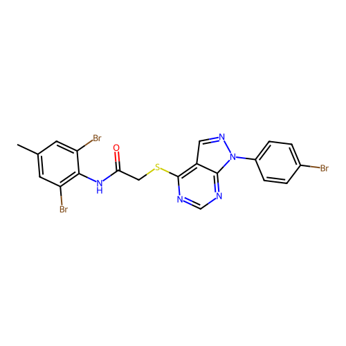 2-((1-(4-bromophenyl)-1H-pyrazolo[3,4-d]pyrimidin-4-yl)thio)-N-(2,6-dibromo-4-methylphenyl)acetamide structure