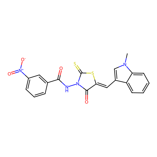 (Z)-N-(5-((1-methyl-1H-indol-3-yl)methylene)-4-oxo-2-thioxothiazolidin-3-yl)-3-nitrobenzamide structure