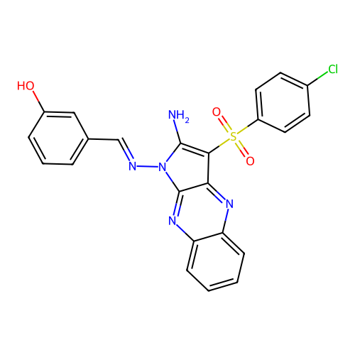 3-[(E)-({2-amino-3-[(4-chlorophenyl)sulfonyl]-1H-pyrrolo[2,3-b]quinoxalin-1-yl}imino)methyl]phenol structure