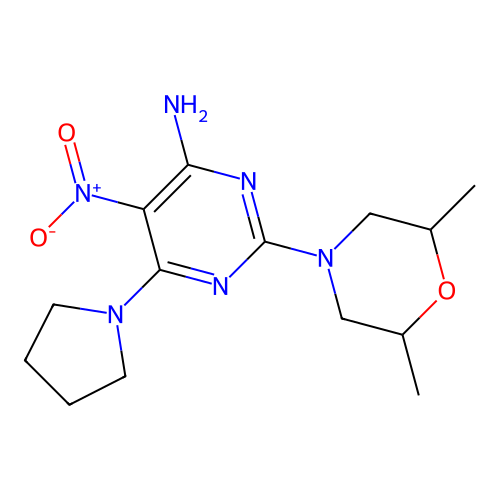 2-(2,6-Dimethylmorpholin-4-yl)-5-nitro-6-(pyrrolidin-1-yl)pyrimidin-4-amine structure