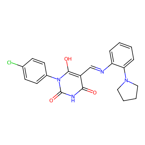 1-(4-chlorophenyl)-5-[(2-pyrrolidin-1-ylanilino)methylidene]-1,3-diazinane-2,4,6-trione structure