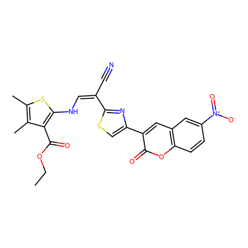 (Z)-ethyl 2-((2-cyano-2-(4-(6-nitro-2-oxo-2H-chromen-3-yl)thiazol-2-yl)vinyl)amino)-4,5-dimethylthiophene-3-carboxylate structure