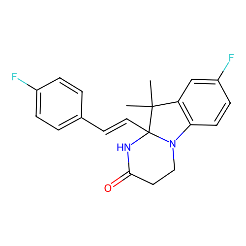 (E)-8-fluoro-10a-(4-fluorostyryl)-10,10-dimethyl-3,4,10,10a-tetrahydropyrimido[1,2-a]indol-2(1H)-one structure