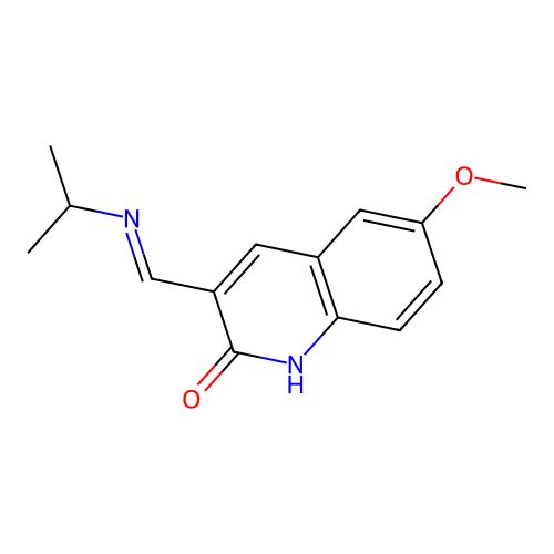 6-methoxy-3-[(E)-(propan-2-ylimino)methyl]quinolin-2(1H)-one structure
