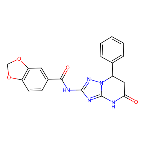 N-(5-oxo-7-phenyl-3,5,6,7-tetrahydro[1,2,4]triazolo[1,5-a]pyrimidin-2-yl)-1,3-benzodioxole-5-carboxamide structure