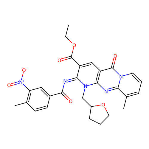 (Z)-ethyl 10-methyl-2-((4-methyl-3-nitrobenzoyl)imino)-5-oxo-1-((tetrahydrofuran-2-yl)methyl)-2,5-dihydro-1H-dipyrido[1,2-a:2',3'-d]pyrimidine-3-carboxylate structure