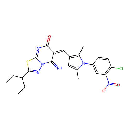 (E)-6-((1-(4-chloro-3-nitrophenyl)-2,5-dimethyl-1H-pyrrol-3-yl)methylene)-5-imino-2-(pentan-3-yl)-5H-[1,3,4]thiadiazolo[3,2-a]pyrimidin-7(6H)-one structure