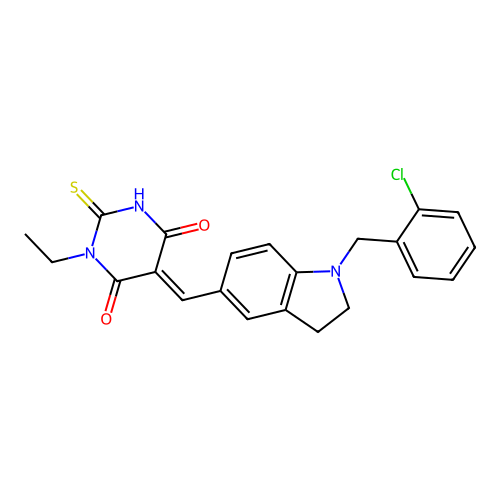 (5E)-5-[[1-[(2-chlorophenyl)methyl]-2,3-dihydroindol-5-yl]methylidene]-1-ethyl-2-sulfanylidene-1,3-diazinane-4,6-dione structure