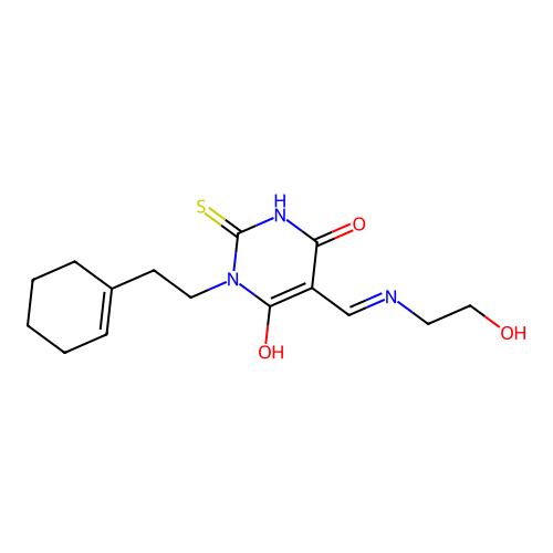 (5Z)-1-[2-(cyclohex-1-en-1-yl)ethyl]-5-{[(2-hydroxyethyl)amino]methylidene}-2-sulfanylpyrimidine-4,6(1H,5H)-dione structure
