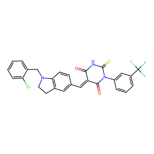 (5E)-5-[[1-[(2-chlorophenyl)methyl]-2,3-dihydroindol-5-yl]methylidene]-2-sulfanylidene-1-[3-(trifluoromethyl)phenyl]-1,3-diazinane-4,6-dione structure