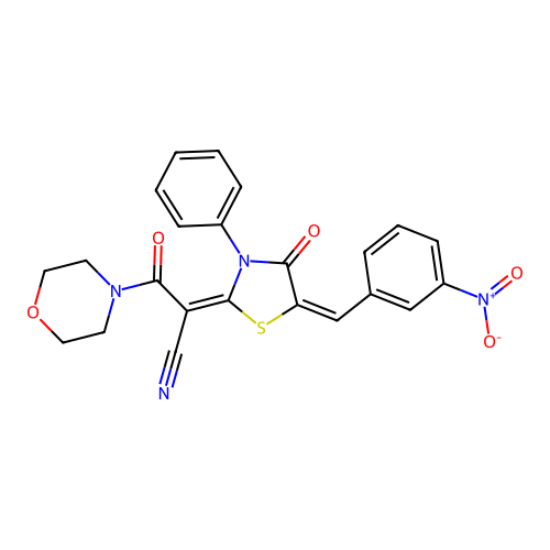(E)-3-morpholino-2-((E)-5-(3-nitrobenzylidene)-4-oxo-3-phenylthiazolidin-2-ylidene)-3-oxopropanenitrile structure