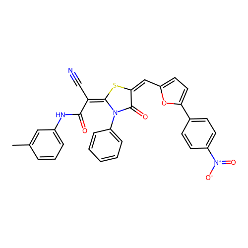 (2E)-2-cyano-N-(3-methylphenyl)-2-[(5E)-5-[[5-(4-nitrophenyl)furan-2-yl]methylidene]-4-oxo-3-phenyl-1,3-thiazolidin-2-ylidene]acetamide structure