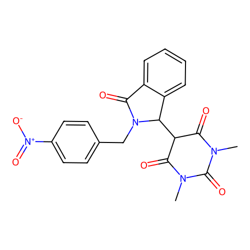 1,3-dimethyl-5-(2-(4-nitrobenzyl)-3-oxoisoindolin-1-yl)pyrimidine-2,4,6(1H,3H,5H)-trione structure