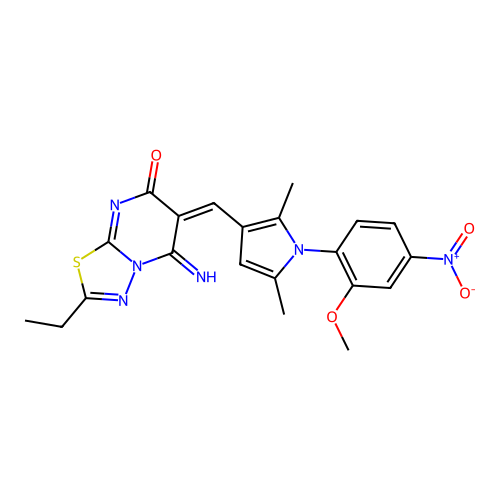 (6E)-2-ethyl-5-imino-6-[[1-(2-methoxy-4-nitrophenyl)-2,5-dimethylpyrrol-3-yl]methylidene]-[1,3,4]thiadiazolo[3,2-a]pyrimidin-7-one structure