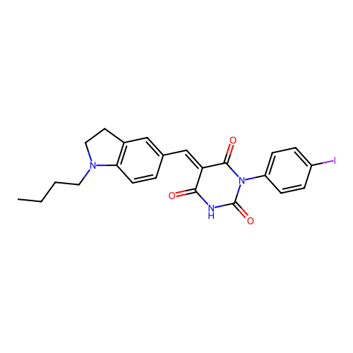 (5E)-5-[(1-butyl-2,3-dihydro-1H-indol-5-yl)methylidene]-6-hydroxy-3-(4-iodophenyl)pyrimidine-2,4(3H,5H)-dione structure