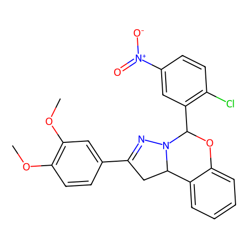 5-(2-chloro-5-nitrophenyl)-2-(3,4-dimethoxyphenyl)-1,10b-dihydropyrazolo[1,5-c][1,3]benzoxazine structure