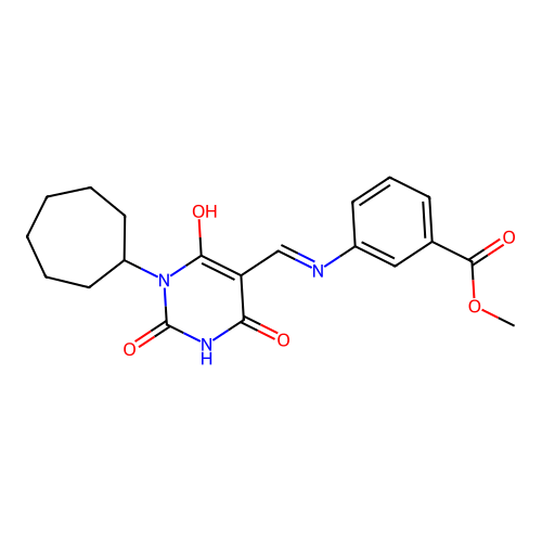 (E)-methyl 3-(((1-cycloheptyl-2,4,6-trioxotetrahydropyrimidin-5(2H)-ylidene)methyl)amino)benzoate structure