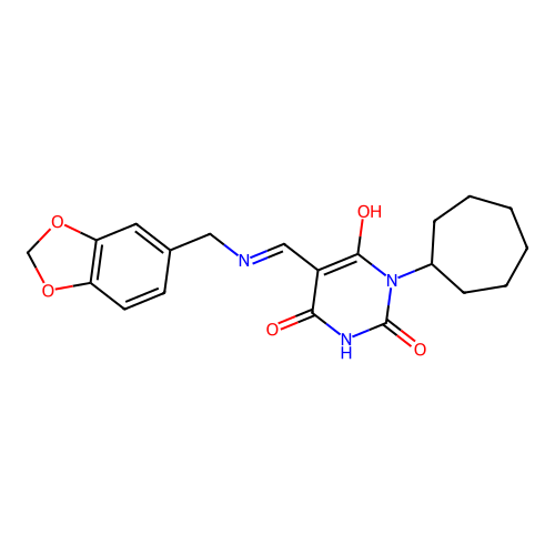 5-[(1,3-benzodioxol-5-ylmethylamino)methylidene]-1-cycloheptyl-1,3-diazinane-2,4,6-trione structure