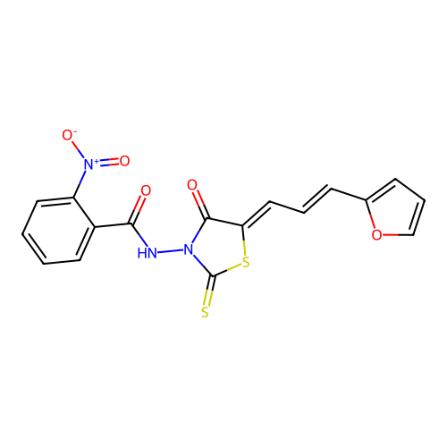 N-((Z)-5-((E)-3-(furan-2-yl)allylidene)-4-oxo-2-thioxothiazolidin-3-yl)-2-nitrobenzamide structure