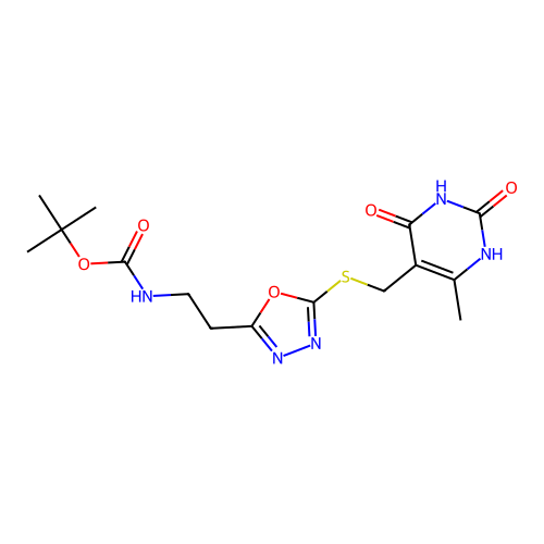 tert-butyl (2-(5-(((6-methyl-2,4-dioxo-1,2,3,4-tetrahydropyrimidin-5-yl)methyl)thio)-1,3,4-oxadiazol-2-yl)ethyl)carbamate structure