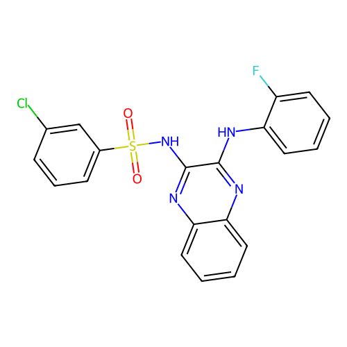 3-chloro-N-(3-((2-fluorophenyl)amino)quinoxalin-2-yl)benzenesulfonamide structure