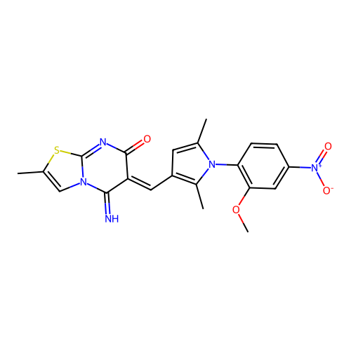 (6Z)-5-imino-6-[[1-(2-methoxy-4-nitrophenyl)-2,5-dimethylpyrrol-3-yl]methylidene]-2-methyl-[1,3]thiazolo[3,2-a]pyrimidin-7-one structure