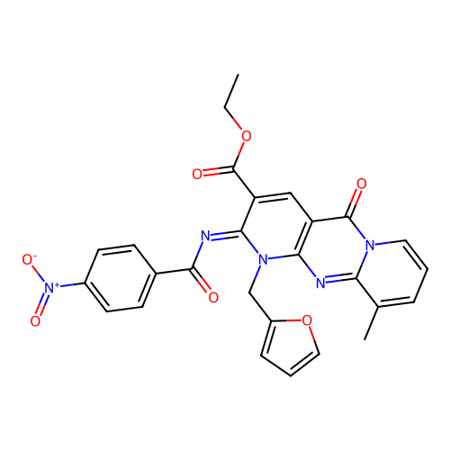 (Z)-ethyl 1-(furan-2-ylmethyl)-10-methyl-2-((4-nitrobenzoyl)imino)-5-oxo-2,5-dihydro-1H-dipyrido[1,2-a:2',3'-d]pyrimidine-3-carboxylate structure