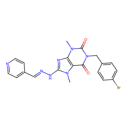 (E)-1-(4-bromobenzyl)-3,7-dimethyl-8-(2-(pyridin-4-ylmethylene)hydrazinyl)-1H-purine-2,6(3H,7H)-dione structure