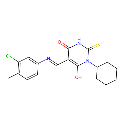 (E)-5-(((3-chloro-4-methylphenyl)amino)methylene)-1-cyclohexyl-2-thioxodihydropyrimidine-4,6(1H,5H)-dione structure