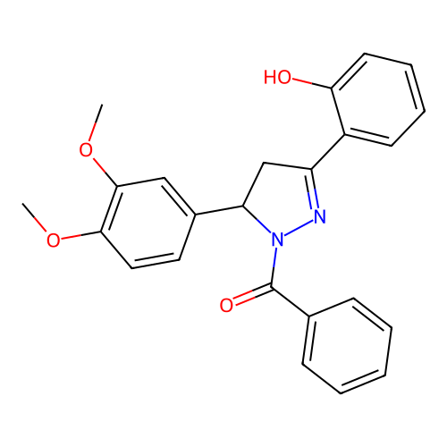 (6E)-6-[1-benzoyl-5-(3,4-dimethoxyphenyl)pyrazolidin-3-ylidene]cyclohexa-2,4-dien-1-one structure
